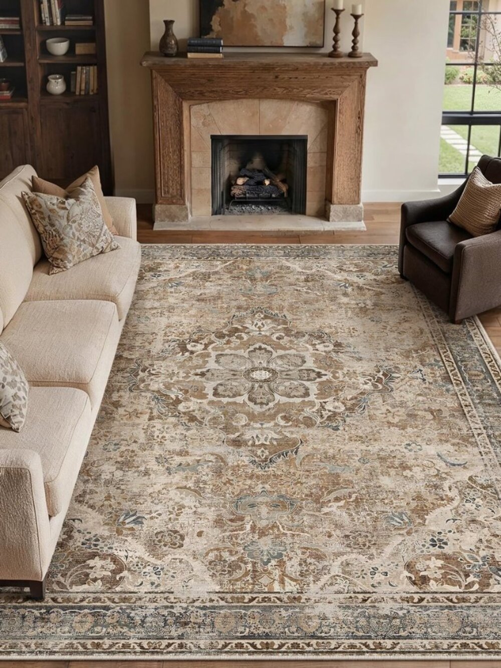 Brown Area Rug 8x10 Living Room Vintage Floral Non-Slip Carpet